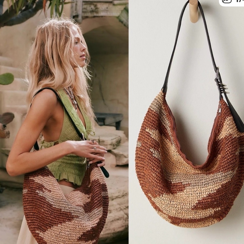 Free People Santorini Brown & Tan Straw leather Strap Tote Bag